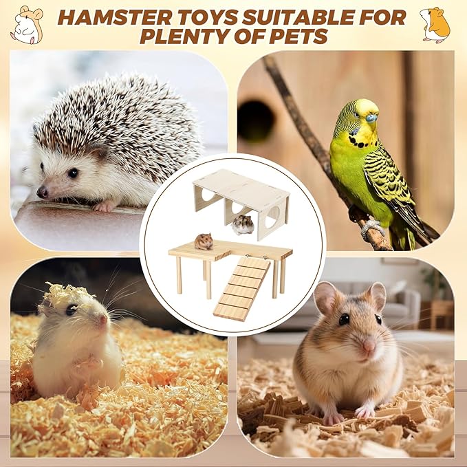 22 Pcs Hamster Platform Set Includes 1 Hamster Platform with Legs 1 Wooden 2-chamber Hideout Tubes Tunnels 20 Handcrafted Flowers Hamsters Accessories for Dwarfs Rats Gerbils Mice Syrian Habitat Decor