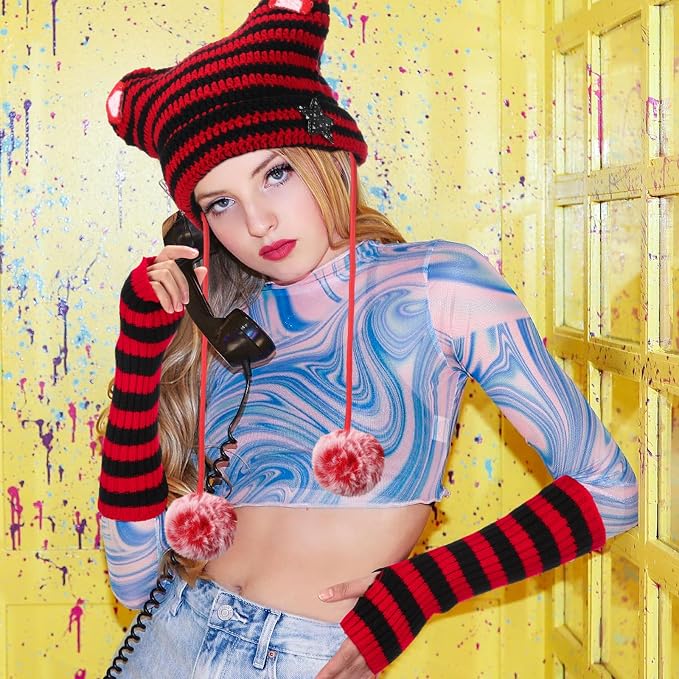Y2k Beanie Cat Crochet Hats Cat Beanie Accessories with Kawaii Leg Cover for Women Girls