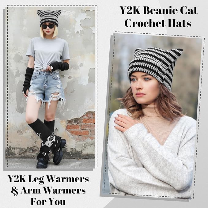 Y2k Leg Warmers for Women, Star Skull Leg Cover Kawaii Arm Warmers Beanie Cat Crochet Knitted Hats, Y2K Striped Alt Emo Dance Accessories