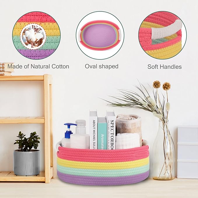 Small Woven Basket with Gift Bags and Ribbons, Empty Baby Gift Baskets for Kids Women Men, Shelf Storage, Small Cat Dog Pet Toy Boxes, 13”x 9”x 5.5”, Rainbow