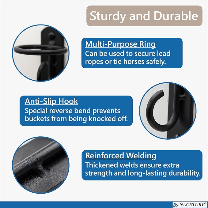 NACETURE Bucket Hooks for Horse Stalls – Anti-Tip Design Feed & Water Bucket Holders, Heavy Duty Stable Barn Fence Accessories – Black Metal Hangers for Horses