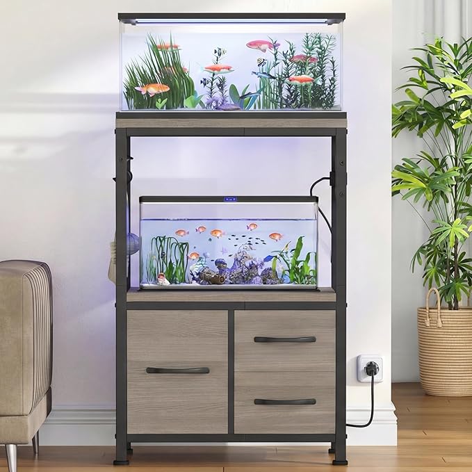 Heybly 5-10 Gallon Fish Tank Stand, Aquarium Stand with Drawer, Power Outlet, Heavy Duty Metal Frame, for Fish Tank, Turtle & Reptile Terrarium, 20.5" × 10.2" Top, 200lbs, Rustic Gray HAS002SSG