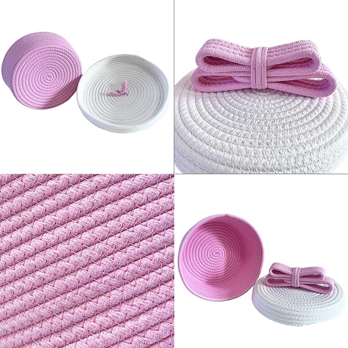 Cute Storage Baskets with Lids, Small Round Woven Rope Basket with Lid, Small Toy Box for Kids or Cat, Cute Basket for Gift, Decorative Basket with Chic Bow Handle, Pink