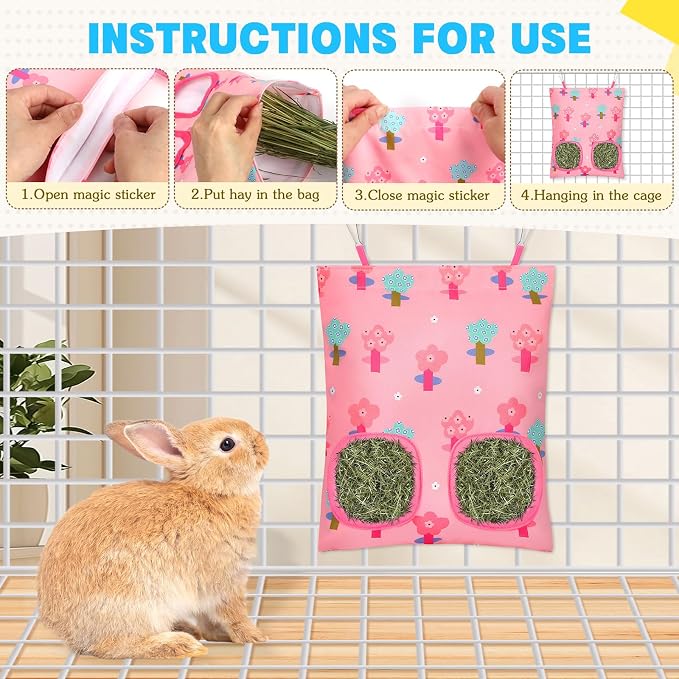 UPINS 3 Hay Bag for Rabbits, 2-Hole Hanging Hay Feeder for Chinchillas, Rabbits, Hamsters and Small Pets