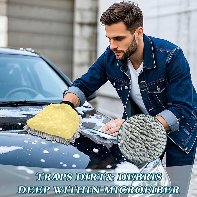 Car Wash Mitt Microfiber Wash Mitts for Car Washing Scratch-Free Cleaning Gloves Soft Non Absorbent Chenille Auto Hand Mitt Medium 2Pack Polka Dots Yellow