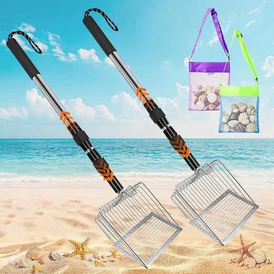 2 x Beach Sand Sifter,Metal Beach Shovel Set, with 2 Seashell Bags,Stainless Steel Sand Scoop with Adjustable Handle,Portable Tool for Shell & Shark Teeth Collecting,Kids Adults Outdoor Beach Supplies
