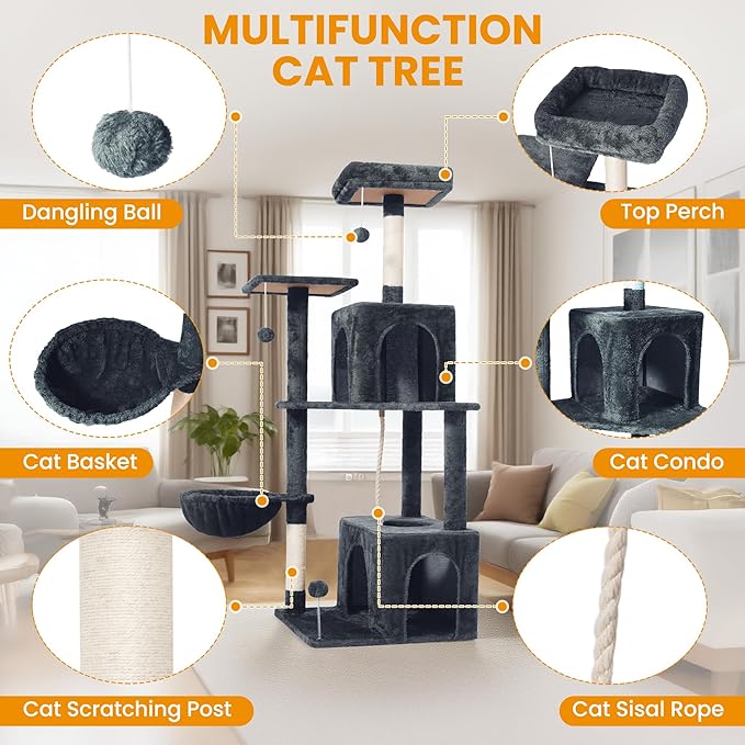 54-Inch Cat Tree Tower with 2 Caves & 2 Pompoms - Multi-Level Tower for Indoor Cats, Soft Plush Condo with Scratching Posts - Sturdy Base for Large Cats(Dark Gray)