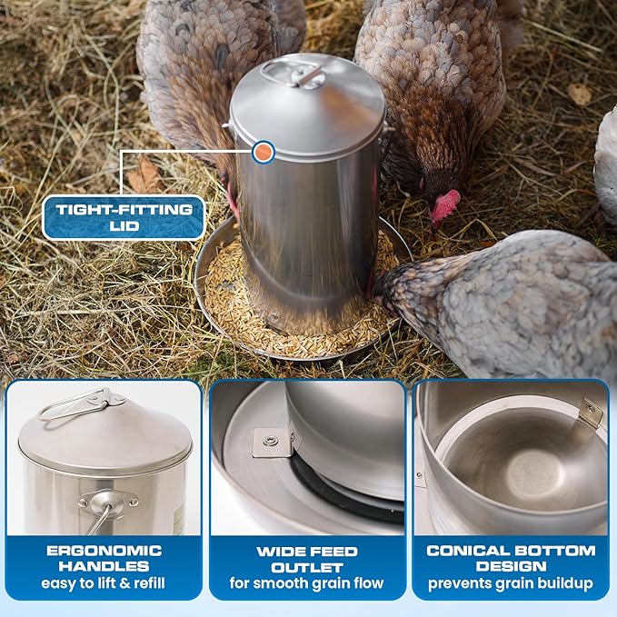 Plexon 8.8 Lb Stainless Steel Hanging Chicken Feeder no Waste Food-Grade - Duck Turkey Poultry Feeder for Chicken Metal - Heavy Duty Reliable Long-Lasting with Handle