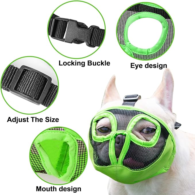Short Snout Dog Muzzles- Adjustable Breathable Mesh Bulldog Muzzle for Biting Chewing Licking Grooming Dog Mask,Green M