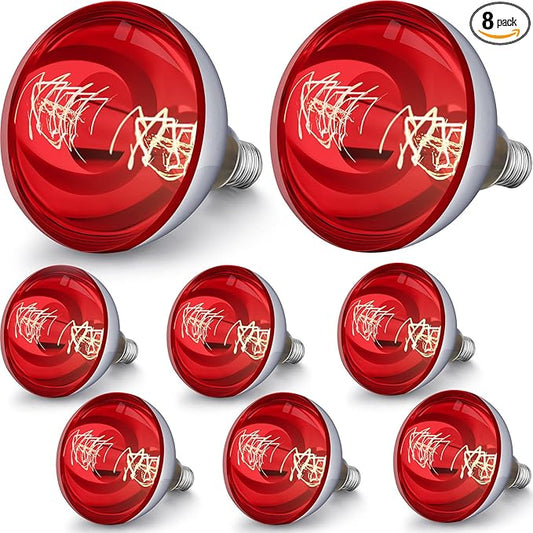 VIHOSE 8 Pack 250 Watt Heat Lamp 120v R40 Heat Lamp Bulbs Glass Incandescent Light Bulbs Incandescent Heating Lightbulbs for Reptiles Chicks Food Puppies Bathroom, Use E26 Base (Red)
