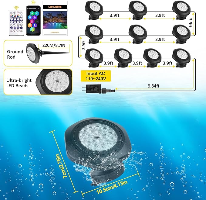 T-SUN Submersible RGB LED Pond Lights – IP68 Waterproof Fountain Lights with Smart App & Remote, 16 Million Colors Underwater Lighting for Koi Ponds/Garden Water Features Aquarium (10-Pack)