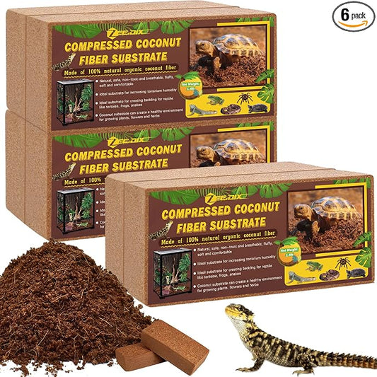 ZeeDix 6 Pack Coconut Fiber Substrate, 100% Organic Coconut Husk Coco Coir Brick Terrarium Bedding for Reptiles, Tortoise, Bearded Dragon, Leopard Gecko, Snake, Hermit Crabs, Frogs, Tarantula
