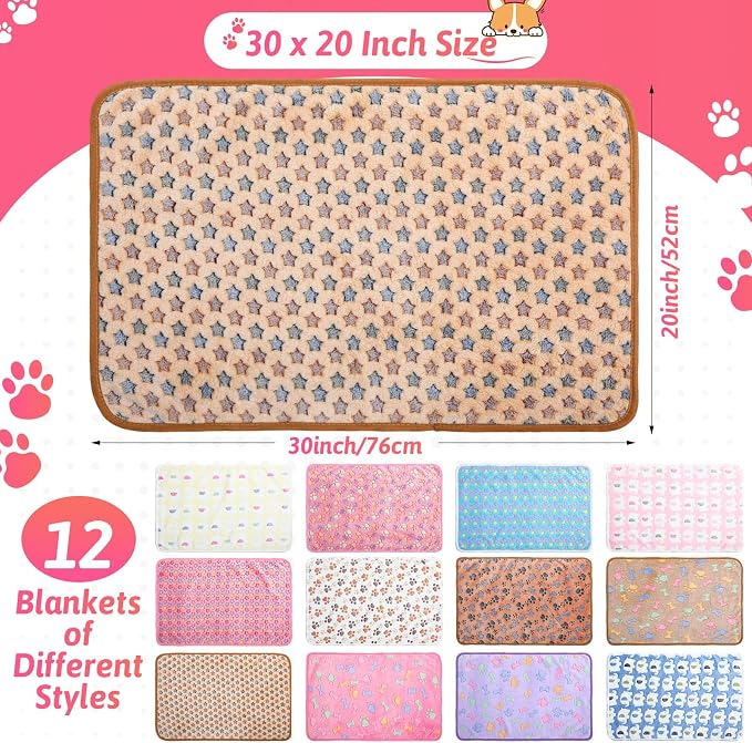 Tatuo 12 Pieces 20 x 30 Inch Dog Blanket Super Soft Warm Cat Sleep Mat Pet Kitten Doggy Fluffy Fleece Blankets with Cute Dog Paw Bone Star Elephant Patterns Printed Fluffy Blanket for Small Cat Puppy