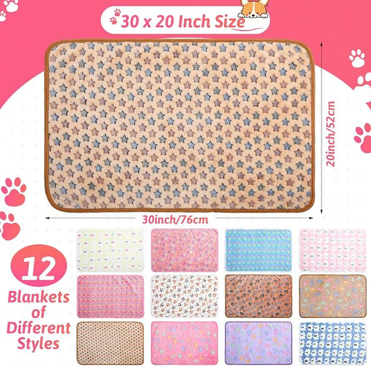 Tatuo 12 Pieces 20 x 30 Inch Dog Blanket Super Soft Warm Cat Sleep Mat Pet Kitten Doggy Fluffy Fleece Blankets with Cute Dog Paw Bone Star Elephant Patterns Printed Fluffy Blanket for Small Cat Puppy