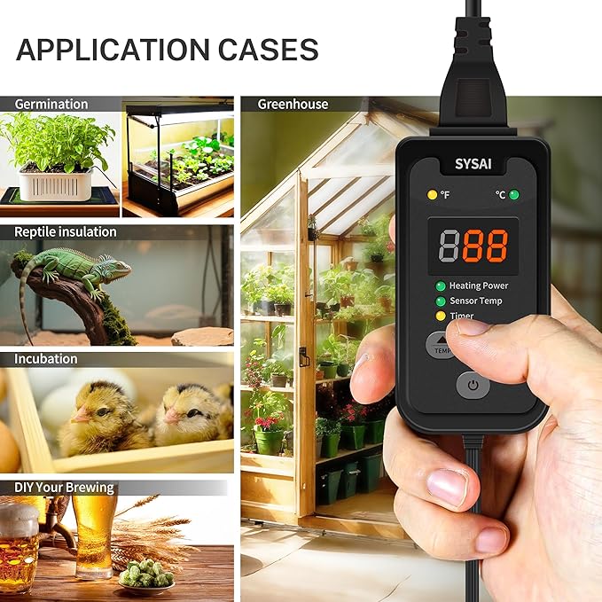 SYSAI Digital Thermostat Controller for Reptile Tank & Heat Mat, Seed Germination, Breeding & Home Brewing, 1A 100W, High Accuracy °F/°C Probe, 60-94°F