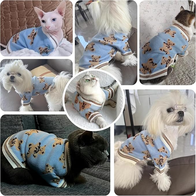 ABRRLO Small Dog Sweaters Cute Bear Dog Cardigans Clothes for Small Medium Dogs Boy Girl Puppy Cat Knitting Cardigan Outfits Dogs Winter Coats Warm Pet Doggy Clothes Soft Knitwear Apparel (Blue,S)