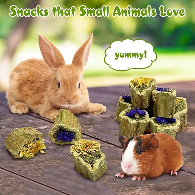 PINVNBY Rabbit Chew Toys Natural Papaya Wood Rabbit Treats with Alfalfa Hay and Dried Flower Guniea Pig Molar Snacks for Hamster Chinchilla Gerbil Small Animals Teeth Grinding (7.05 oz/200 g)
