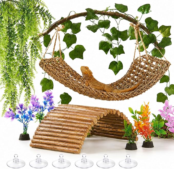 Bearded Dragon Tank Accessories, Reptile Mat Hammock Plants Bridge Jungle Climber Vines Terrarium Decorations for Leopard Gecko, Hermit Crab Lizard Snake (9 PCS Without Reptile Mat)