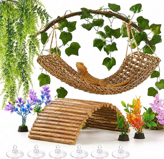 Bearded Dragon Tank Accessories, Reptile Mat Hammock Plants Bridge Jungle Climber Vines Terrarium Decorations for Leopard Gecko, Hermit Crab Lizard Snake (9 PCS Without Reptile Mat)