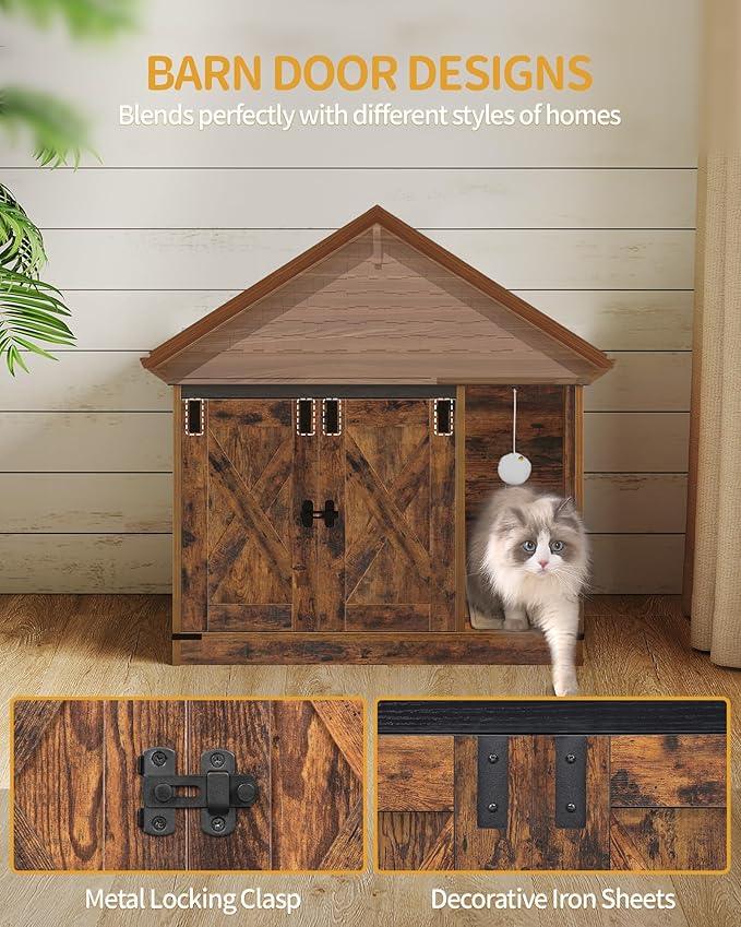 Hzuaneri Cat Litter Box Enclosure, Hidden Litter Box Cabinet Furniture with Bell, Indoor Cats House, Farmhouse Style, 31.5 x 19.7 x 20.9Inches, for Hallway, Bedroom, Rustic Brown and Black CB82401X