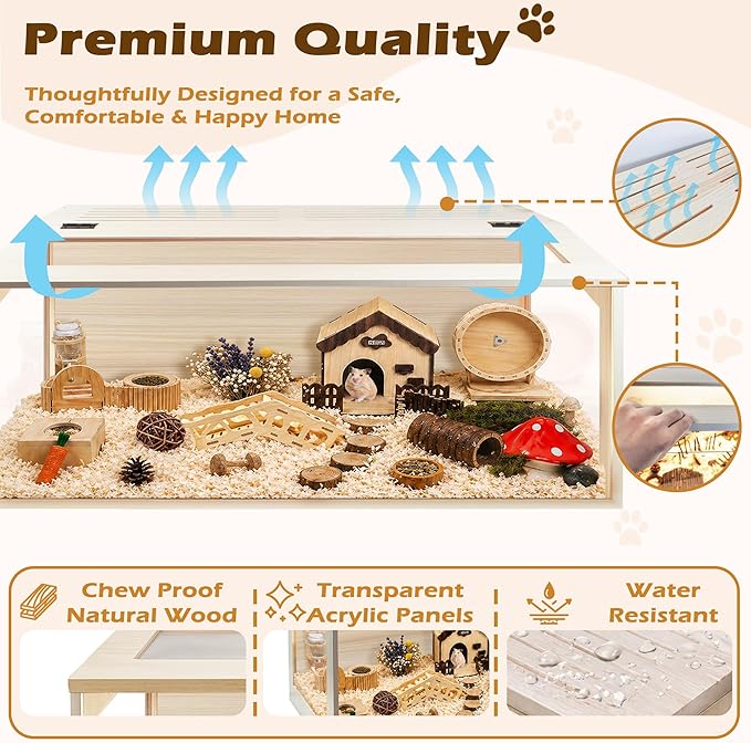 PROLEE Hamster Cage with Chewproof Wood Top, Guinea Pig Cages, Hamster Habitat with Clear Acrylic Sheets Solid Built, Small Animal Cage (Oak, 48X19.5X19.5 inch)