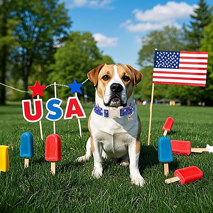Lionet Paws 4th of July Dog Collar- Cute Summer Blue Dog Collars with Plastic Buckle and Flag Pendant,Light Adjustable Dog Collars for Medium Large Dogs