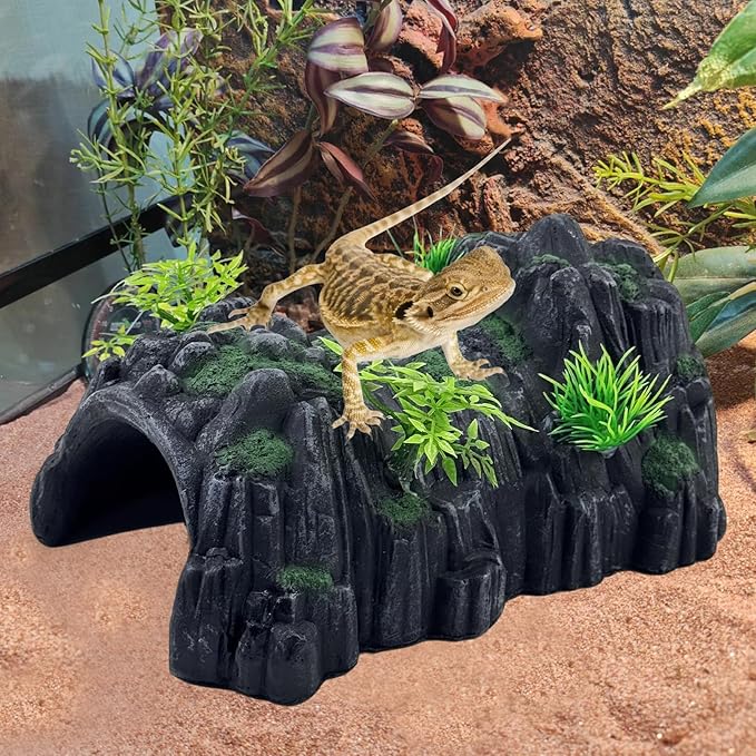 PINVNBY Reptile Rock Hide Cave,Resin Crested Gecko Hideout Caves Lizard Hideaway Bridge Terrarium Habitat Decor for Lizard Snake Turtle