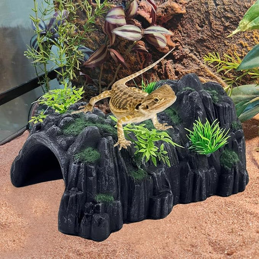 PINVNBY Reptile Rock Hide Cave,Resin Crested Gecko Hideout Caves Lizard Hideaway Bridge Terrarium Habitat Decor for Lizard Snake Turtle