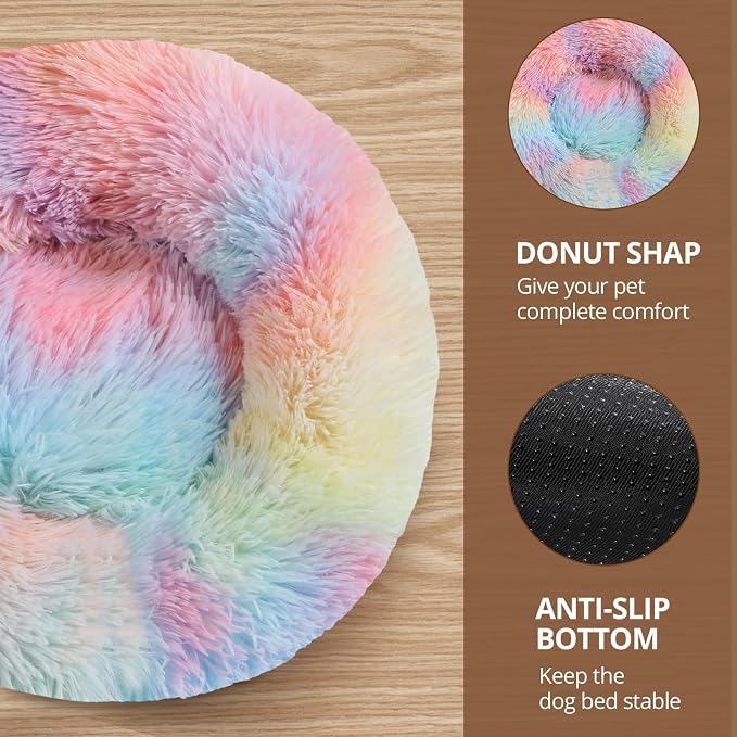 JOLLYVOGUE Calming Dog Bed for Small Dogs - 23 inches Donut Washable Small Dog Bed for Kittens & Puppies, Anti-Slip Round Fluffy Plush Faux Fur Cat Beds (Fits up to 25 lbs Pets, Rainbow)