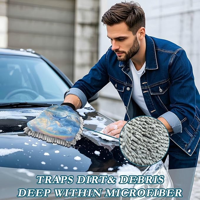 Car Wash Mitt Microfiber Wash Mitts for Car Washing Scratch-Free Cleaning Gloves Soft Non Absorbent Chenille Auto Hand Mitt Medium 2Pack Rainbow Dolphins Jumped Out Blue