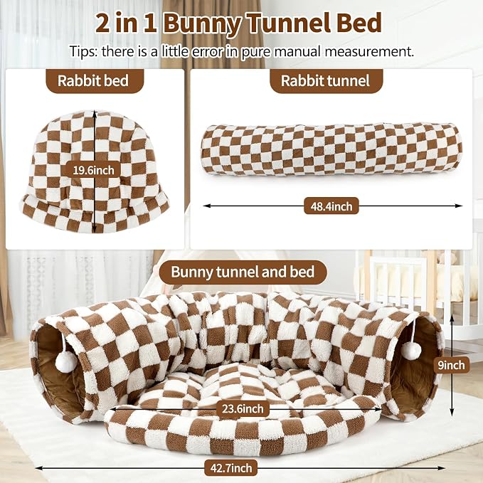 BWOGUE Bunny Tunnel Bed, 2-in-1 Collapsible Tunnel Tubes Toys with Removable Mat Hideout for Cats Kittens Rabbits Guinea Pigs Kitty (Brown Checks)