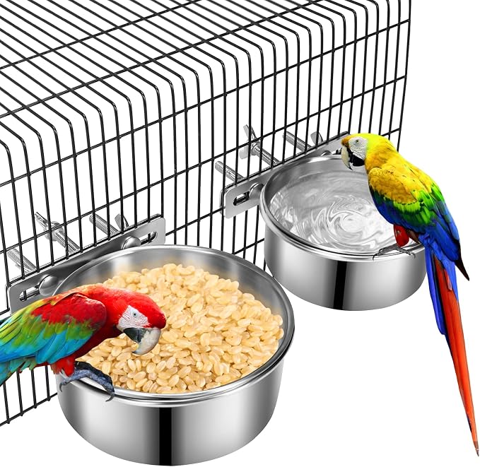2 Pcs Small Dog Food Water Bowl for Cage with Upgraded Clamp Holder, Pet Kennel Hanging Bowls Stainless Steel Detectable Bowls Crate Feeder Dish for Small Dogs (4.7x2'' & 3.9x2'')