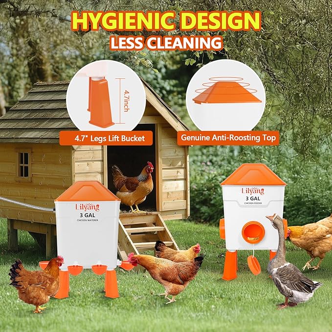 Lilyang Automatic Chicken Waterer & Feeder 3 Gallon, Auto-Refill Chicken Waterer with Float Valve, Anti-Spill Feeder & Leak-Proof Cups, End Daily Refilling & Mess, Standing or Hanging Use