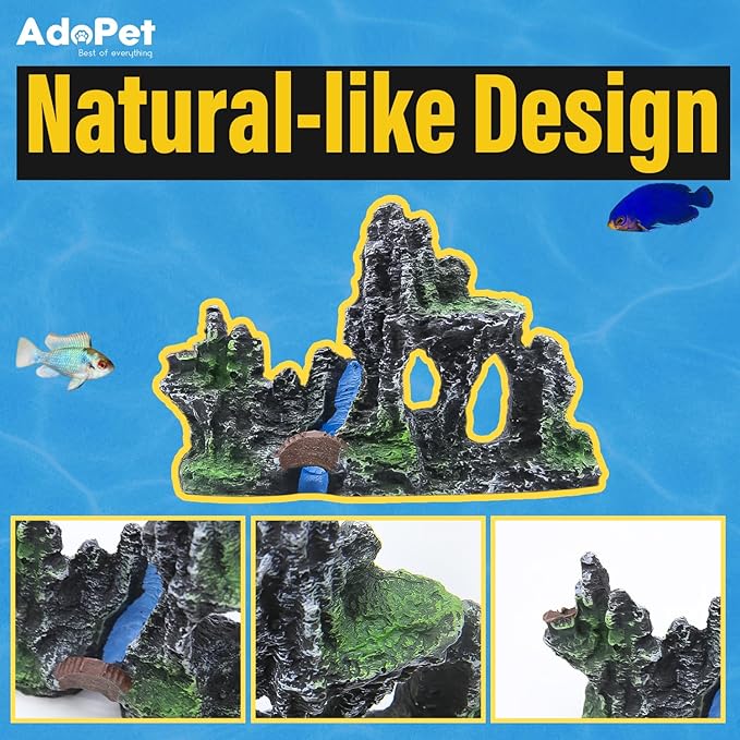 Mountain Aquarium Decoration 4.5" – Natural Rock Resin Fish Tank Ornament with Multiple Hiding Spots, Fish Shelter for Small and Medium Aquariums, Stress-Relief Underwater Decor, Easy to Clean