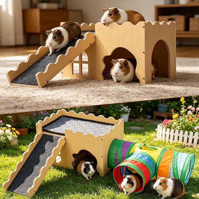 Wooden Guinea Pig Hideout Cave House, Guinea Pig Castle with Natural Cave-Style Entrance, Large Small Animal Habitat with Stairs, Waterproof Liner, Easy Assembly for Guinea Pigs, Rabbits & Hamsters