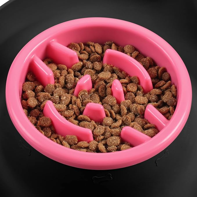 100% Waterproof BPA Free Pet Dog Bowls2 Stainless Steel（53oz+27oz） with 1.35“ Raised Edge Silicone Mat + Slow Feed Dog Water and Food Bowls for Feeding Small Large Dogs Cats Puppies (Black)