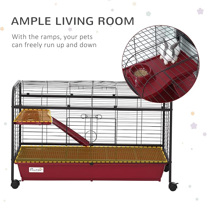 PawHut 41" L Small Animal Cage Rabbit Hutch Ferret Pet Play House with Feeder, Rolling Wheels, Platform, Ramp, Red