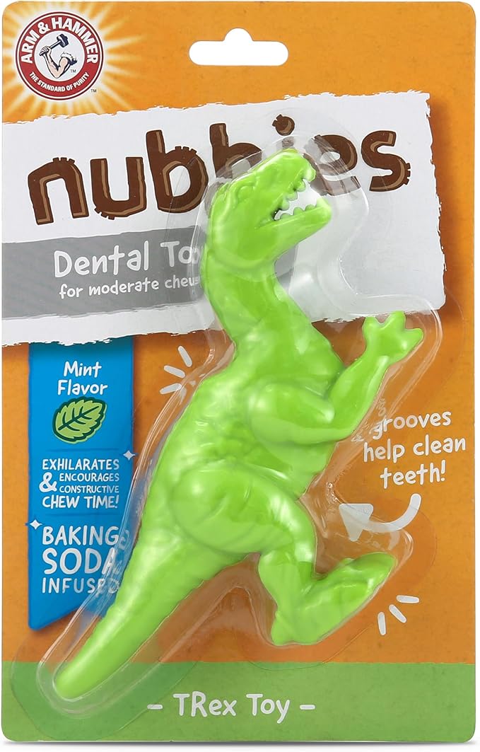 Arm & Hammer Nubbies Denta-Saurus T-Rex Dog Dental Chew Toy, Mint Flavor, for Moderate Chewers, Nylon, Reduces Plaque and Tartar Without Brushing, Baking Soda Infused