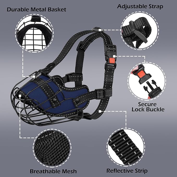 OOPSDOGGY Pitbull Dog Muzzle Reflective Metal Mask Secure Wire Basket Muzzles for Large Sized Dogs Amstaff Soft Cage to Prevent Biting Chewing with Adjustable Nylon Straps (Blue, Pitbull)