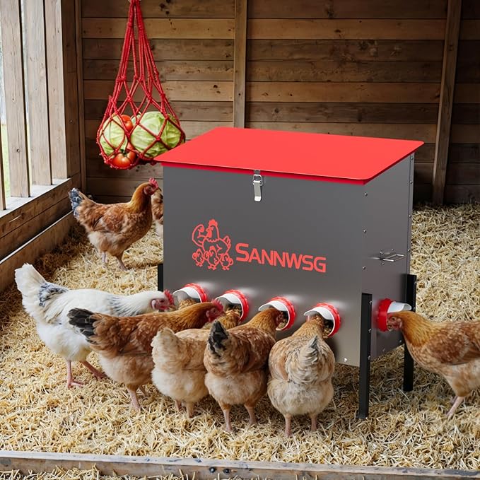 Chicken Feeders,126 lb Capacity 10 Port Automatic Chicken Feeder, Metal Chick Feeder with Locking Lid and Legs, Chicken Feeder for Chickens, Ducks, Geese