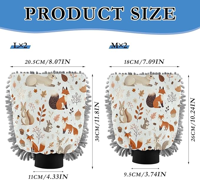 Autumn Rabbits Fox Animals Car Wash Mitt 2PCS Absorbent Chenille Microfiber Mitts Scratch-Free Lint-Free Double-Sided Car Cleaning Gloves, 8.07"X11.8"