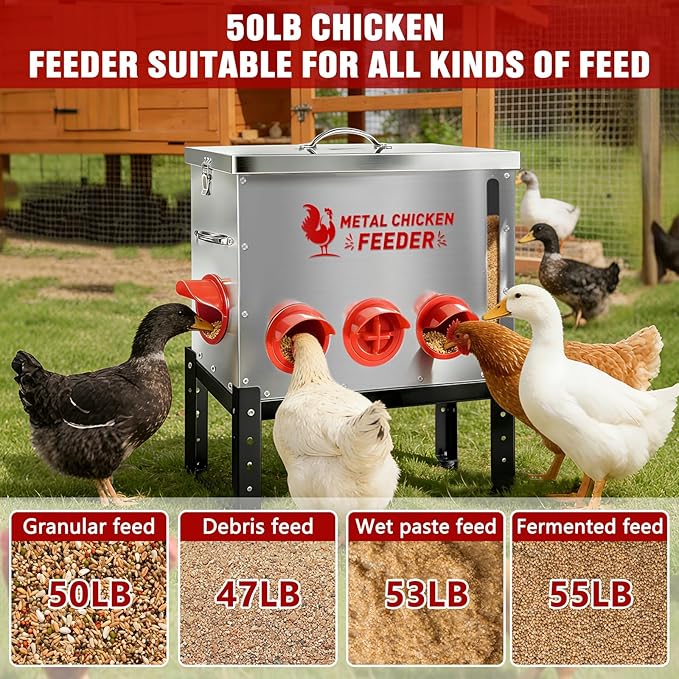 Automatic Chicken Feeder 50 LB Large Capacity with Window 8 Feeding Ports & Buckle Lock Lid and Adjustable Height Stand Chicken Feeder for Chickens Geese Ducks & Poultry(Silver)