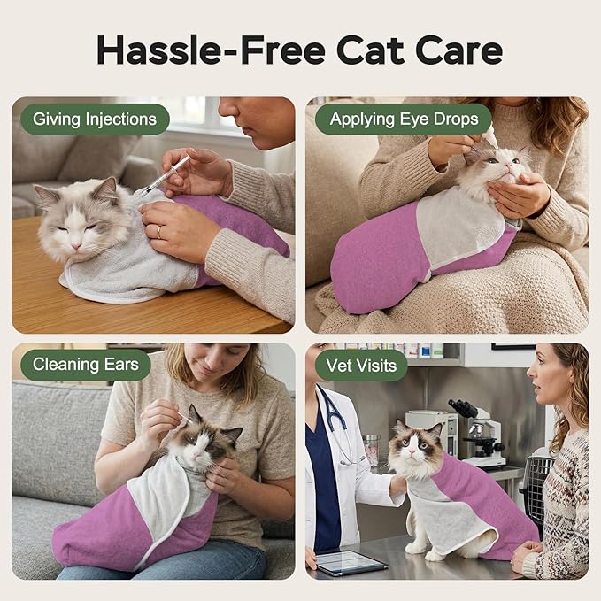 Cat Wrap for Cutting Nails, Self-Adhesive Cat Nail Clipping Restraint Bag, Anti-Scratch Cat Grooming Swaddle for Meds, SubQ Fluids, Ear Cleaning, Teeth Brushing & Vet Visits,Pinkish Purple,L