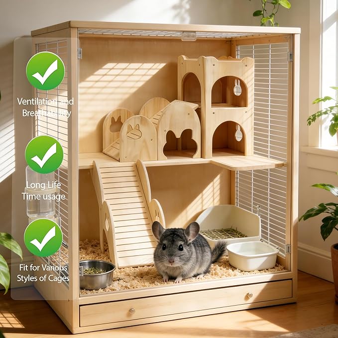 Rabbit Castle Large Guinea Pig Hideout Thicken Solid Wooden Bunny House with Ramp,Rabbit Playhouse for Chinchilla,Hamster,Small Animal Houses & Habitats(Set of 2)