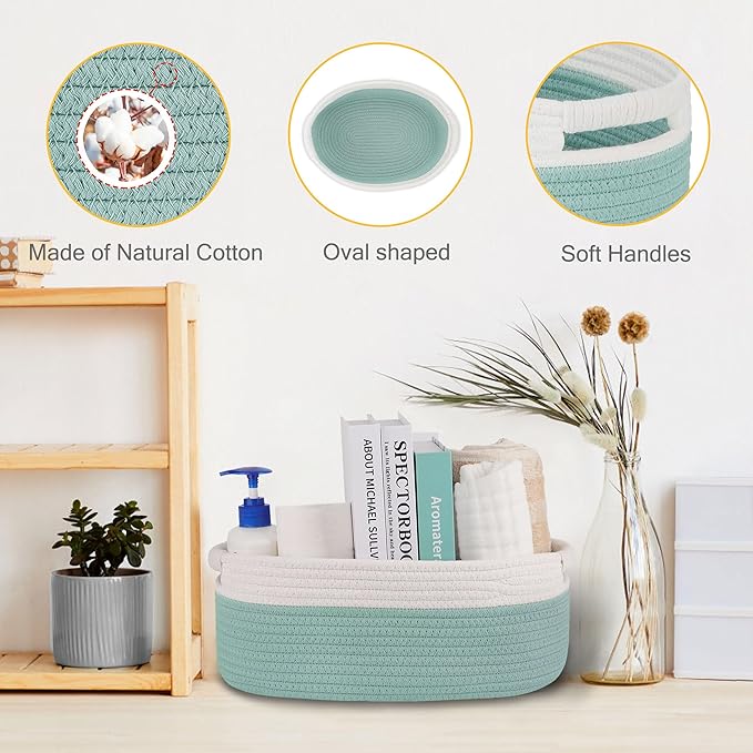 Small Woven Basket with Gift Bags and Ribbons, Empty Baby Gift Baskets for Kids Women Men, Shelf Storage, Small Cat Dog Pet Toy Boxes, 13”x 9”x 5.5”, Light Green