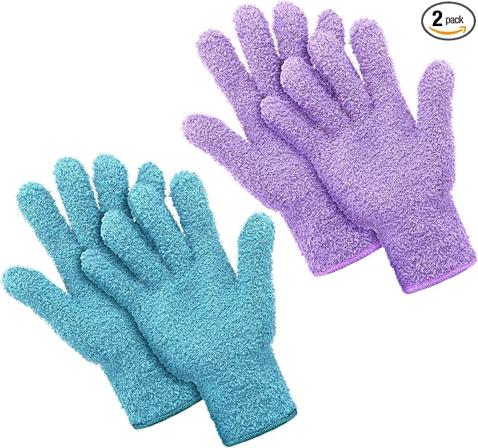 Patelai 2 Pairs Microfiber Gloves for plants Dusting Cleaning Glove Mittens House Cars Blinds Dusting(Light Blue, Violet,Large)