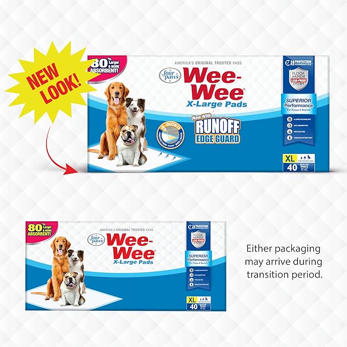 Four Paws Wee-Wee Superior Performance Pee Pads for Dogs with Runoff Barrier Edge Guard Protection, Puppy & Dog Potty Training Pads, Housebreaking Supplies, 28" x 34" (75 Count)