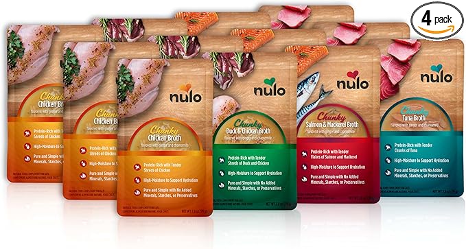 Nulo Chunky Cat Broth Pouches - Variety Pack, High-Protein Wet Cat Food Topper Treat for Indoor & Outdoor Kittens and Adults, 12 x 2.8oz