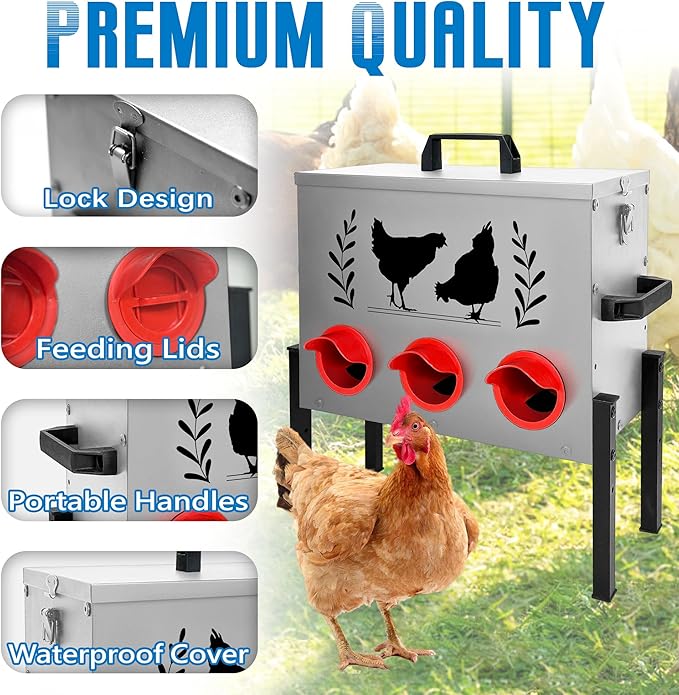 No Waste Automatic Chicken Feeder (30 LB), Rodent Resistant Metal Poultry Feeder with Locking Lid, Adjustable Stand & 8 Ports, Heavy Duty Weatherproof Feed Box for Hens, Ducks
