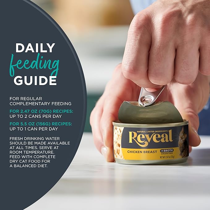 Reveal Natural Wet Canned Cat Food, 4-Flavor Variety Pack, Limited Ingredient, Grain Free, High Protein with No Artificial Additives, Fish and Chicken Variety in Broth (12 x 2.47 oz Cans)
